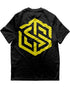 "NYS" oversized T-Shirt Mockup in schwarz mit neongelbem Technostoff Raver Logo